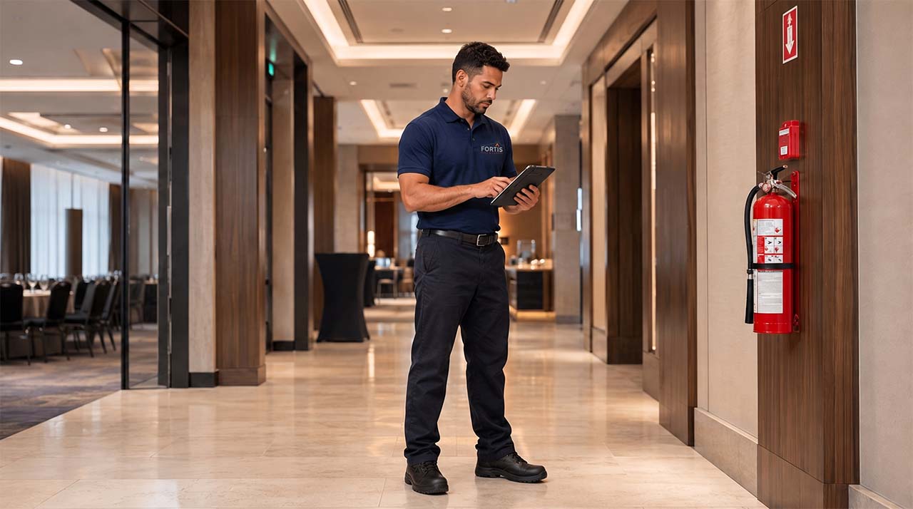 Man in uniform in hallway inspecting fire extinguisher mounted on wall while holding a tablet.