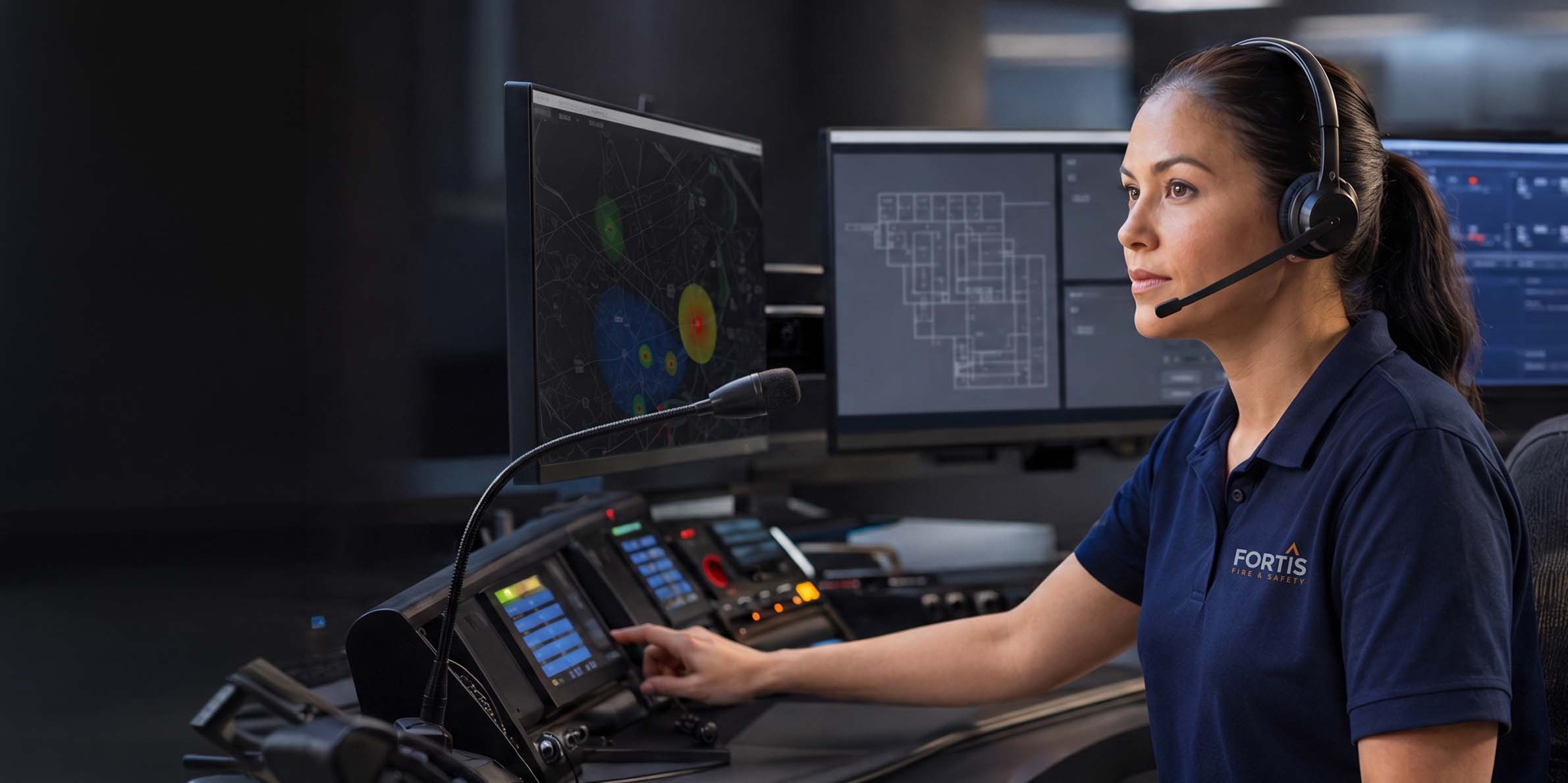 Woman with headset monitors security screens and interacts with control panel in a command center.