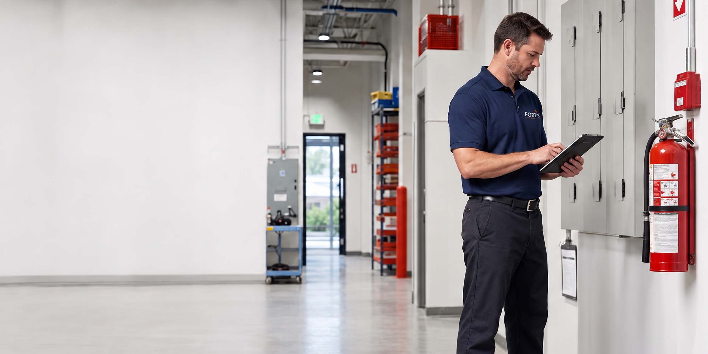 Man in navy uniform inspecting wall-mounted fire extinguisher while using a tablet in a clean industrial space.