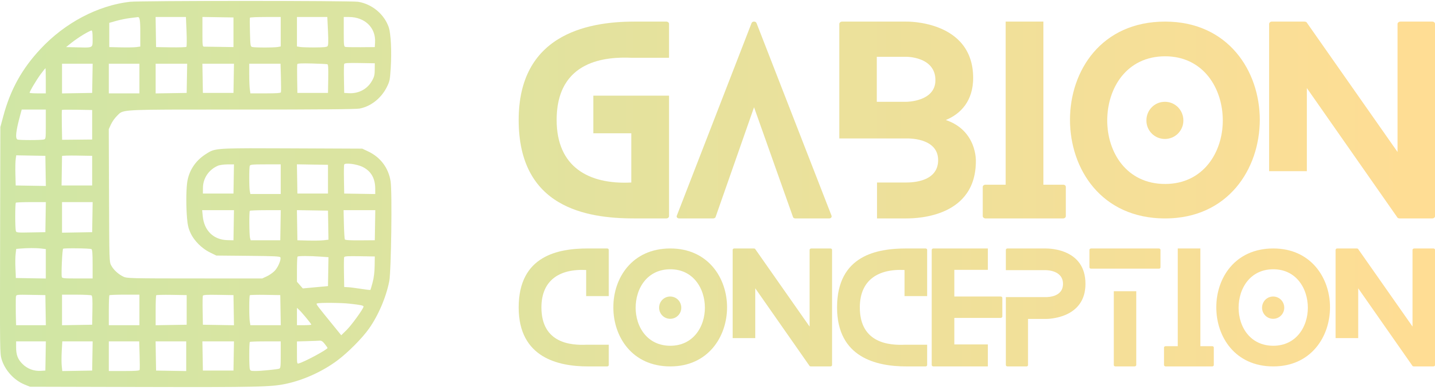 Logo stylisé avec un grand G entrelacé à gauche et le texte GABION CONCEPTION à droite en dégradé jaune-vert.