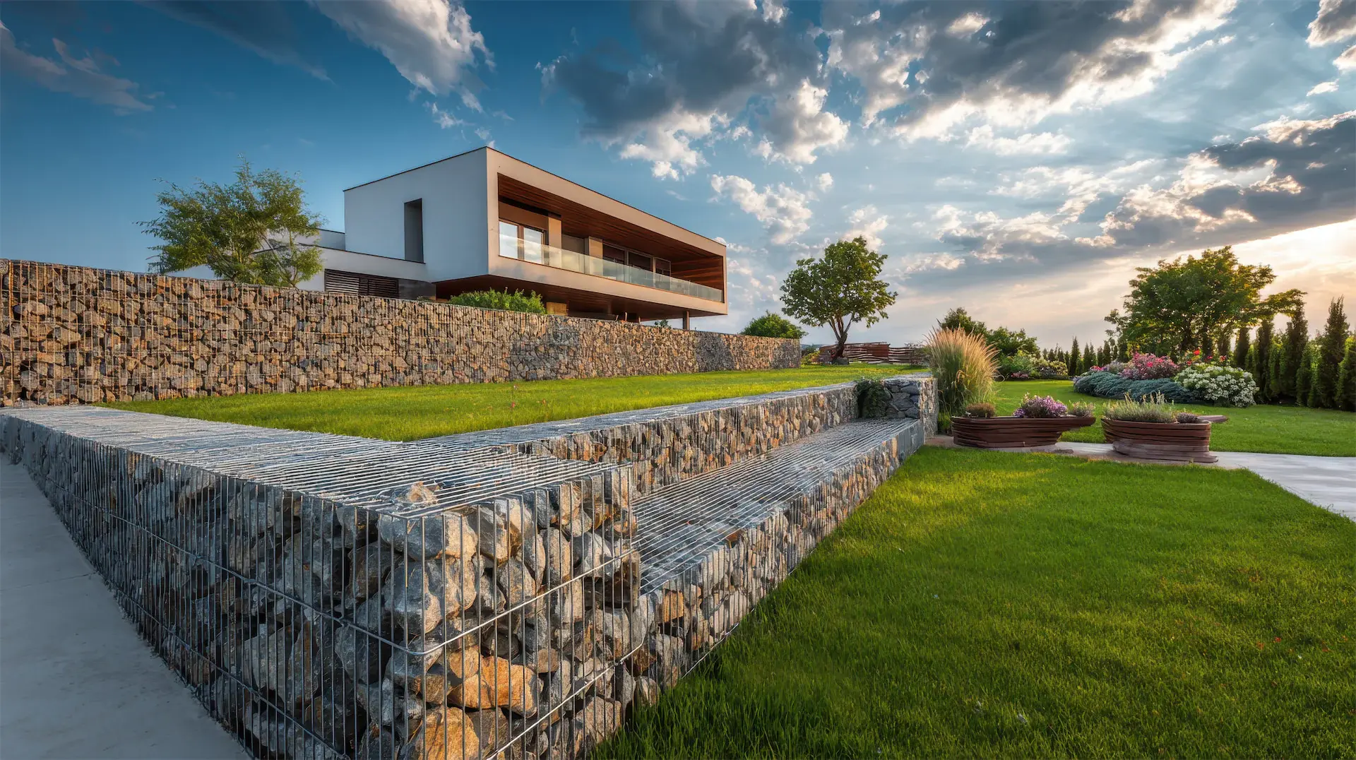 Maison moderne avec murs en gabions en pierre, pelouse verte et ciel nuageux au coucher du soleil.