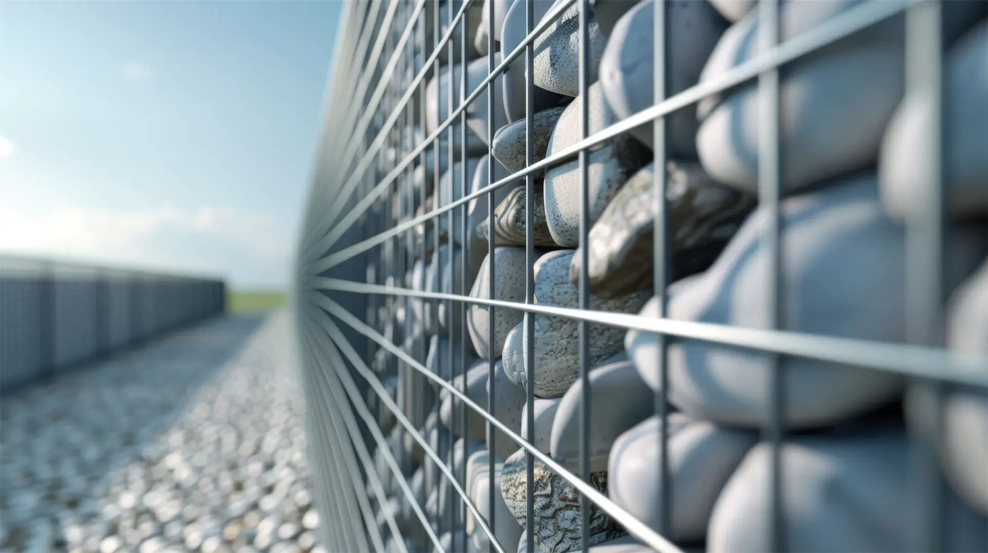 Mur de gabions en métal rempli de pierres lisses grises sous un ciel bleu clair.