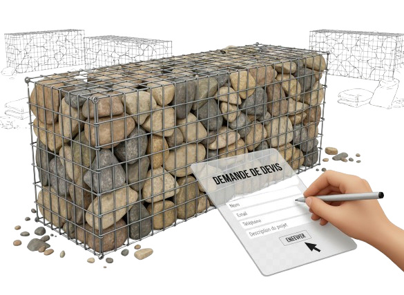 Gabion métallique rempli de pierres avec un formulaire de demande de devis manuscrit posé devant.