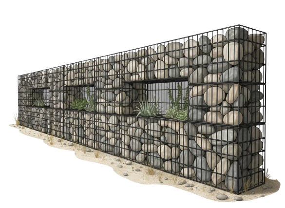 Muret décoratif en gabions remplis de grosses pierres, avec trois ouvertures contenant des plantes succulentes.