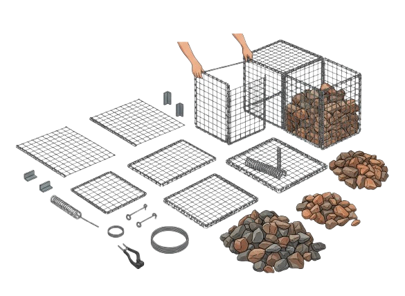 Illustration montrant les étapes d'assemblage d'un gabion métallique avec des pierres, comprenant des plaques métalliques, des éléments d'attache, et des mains installant les plaques sur la structure.