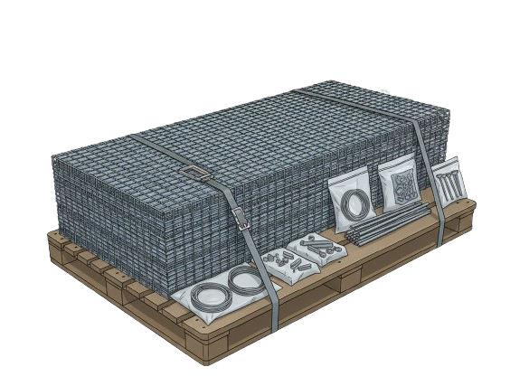 Palette en bois contenant plusieurs plaques métalliques empilées et attachées avec des sangles, accompagnées de divers petits accessoires métalliques.