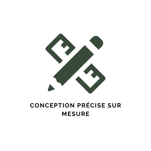 Icône de crayon et règle croisés avec le texte « Conception précise sur mesure » en dessous.