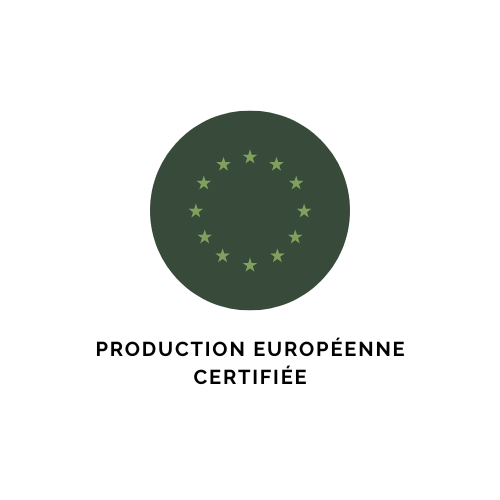 Logo circulaire avec douze étoiles représentant la certification de production européenne, texte en dessous 'Production européenne certifiée'.