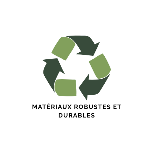 Symbole de recyclage avec des flèches vertes foncé et clair, accompagné du texte « Matériaux robustes et durables ».