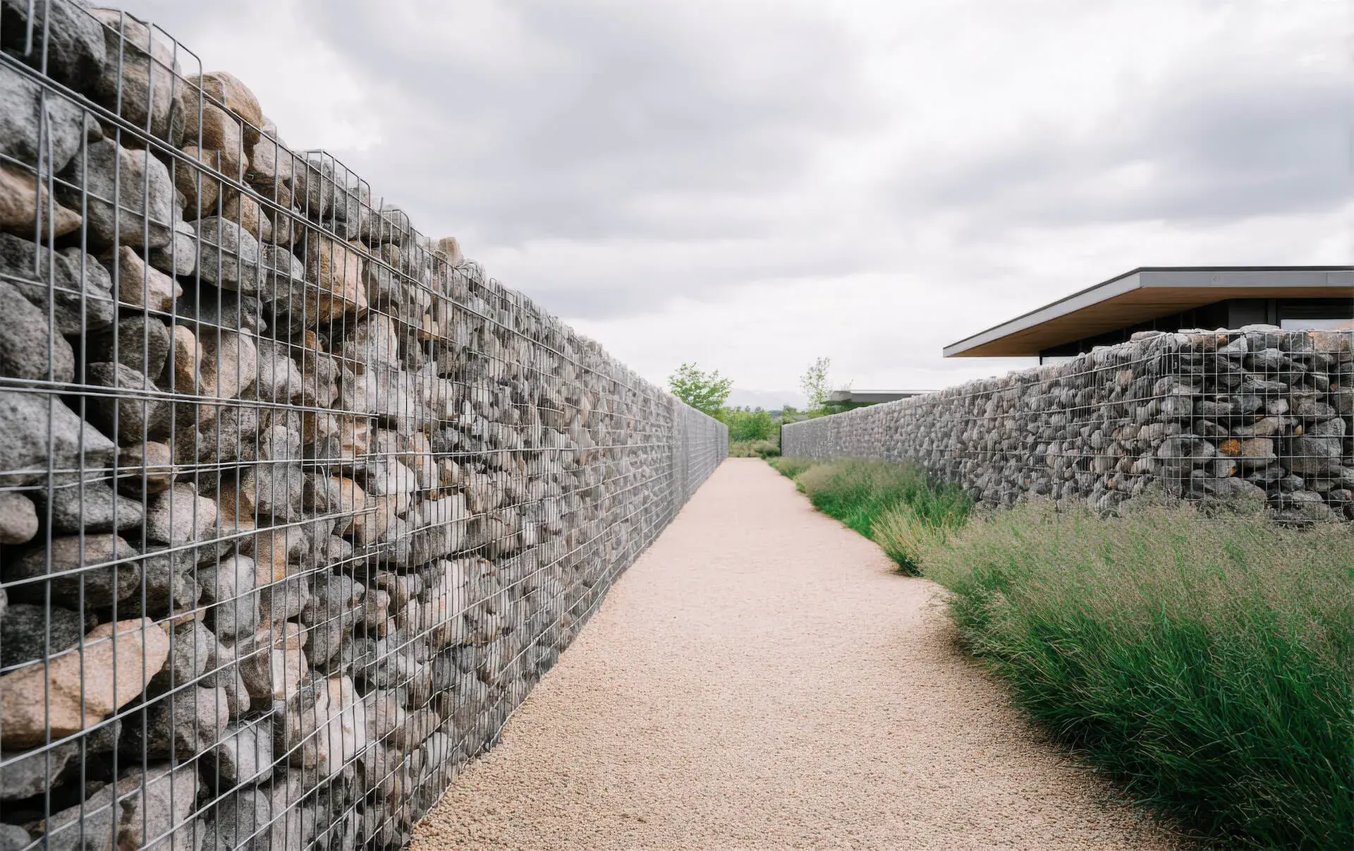 Allée bordée de murs en gabions remplis de pierres avec des herbes hautes sur le côté droit et un bâtiment au toit plat à l'arrière.