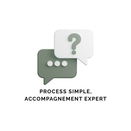 Deux bulles de dialogue stylisées, l'une avec des points de suspension et l'autre avec un point d'interrogation, au-dessus du texte « Process simple, accompagnement expert ».