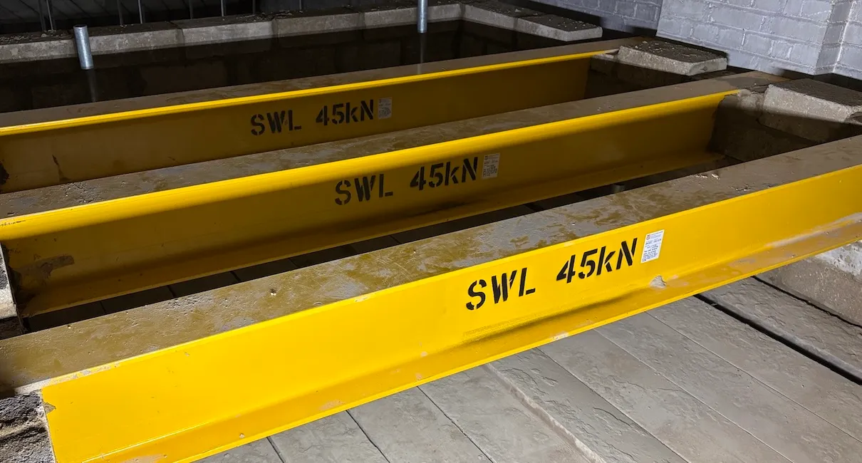 Three lift shaft beams load tested to 45kN SWL each.
