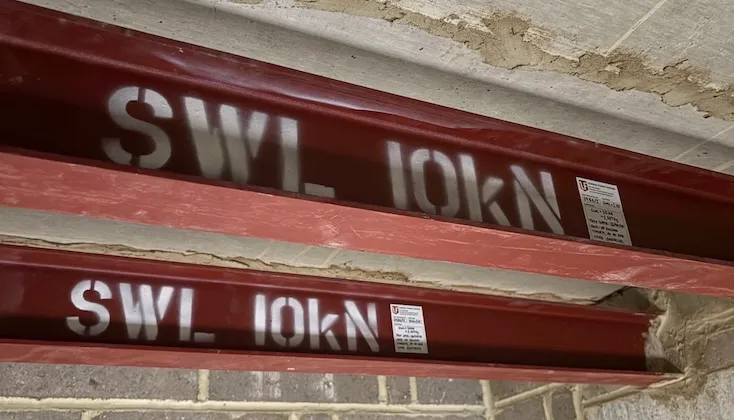 Two beams load tested to 10kN SWL each.