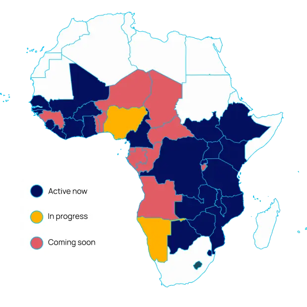 Map of Africa showing Tola's current and planned region coverage