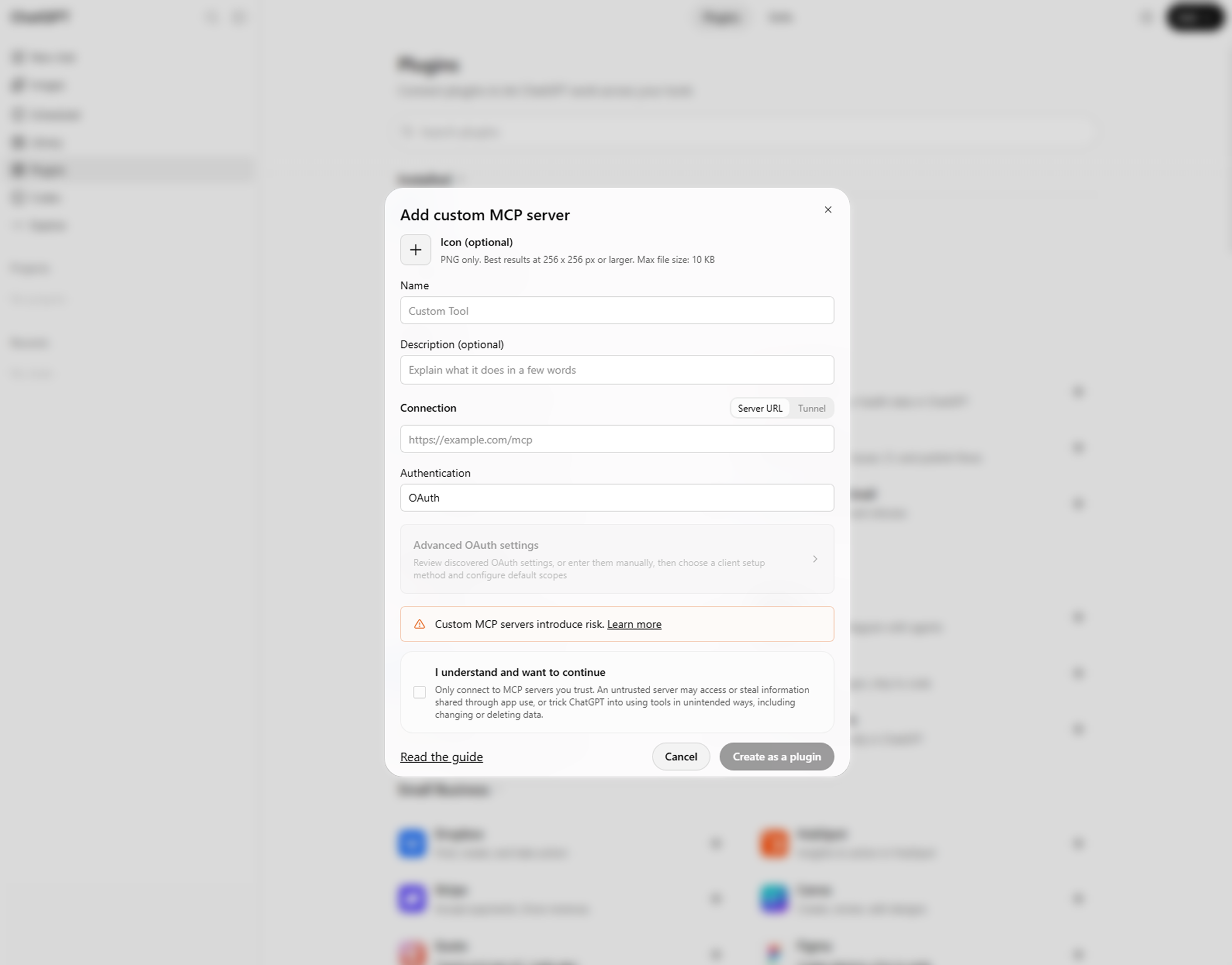 Completed custom MCP server form in ChatGPT