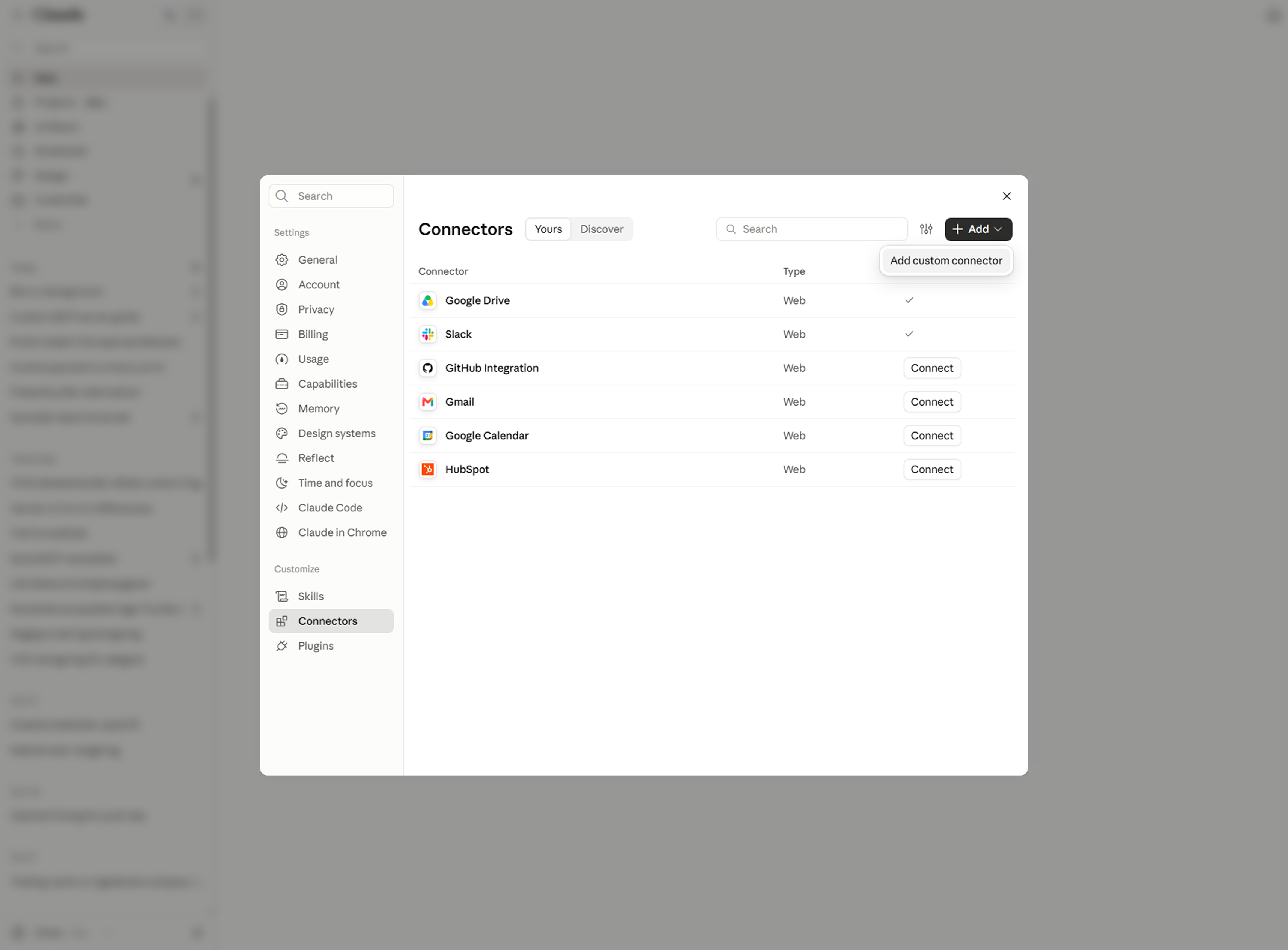 Add custom connector under Connectors in Claude