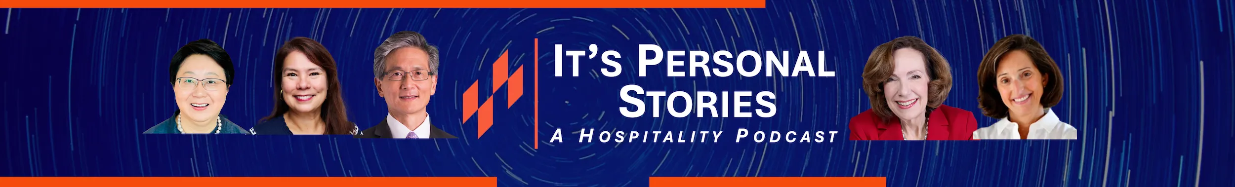 Banner with portraits of five smiling individuals against a blue background with star trail patterns, featuring the text 'IT'S PERSONAL STORIES A HOSPITALITY PODCAST.'