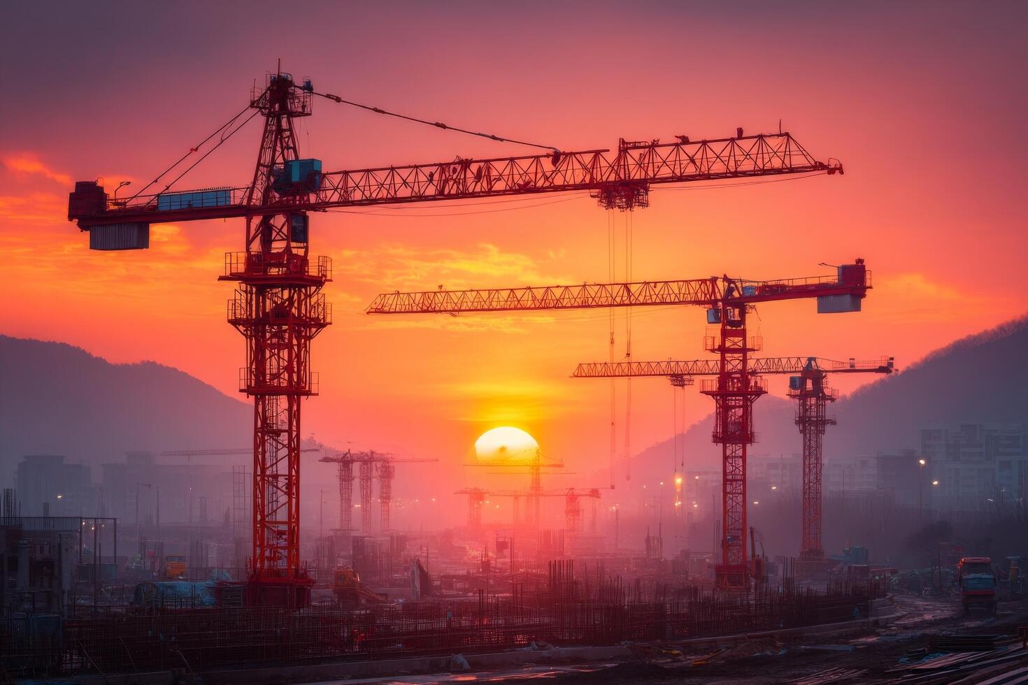Construction cranes at sunset in a construction site photo