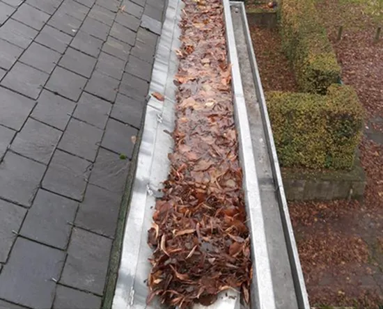 Gouttière de toit remplie de feuilles mortes mouillées.