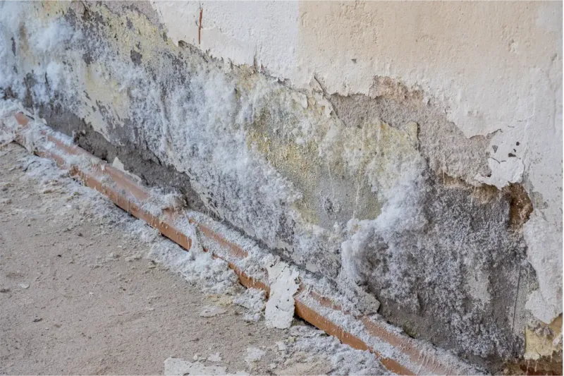 Mur avec remontées capillaires visibles, montrant des dégradations et de la moisissure près du sol.