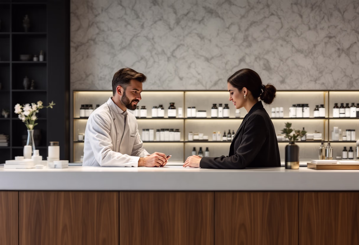 image of pharmacist explaining medication to a customer