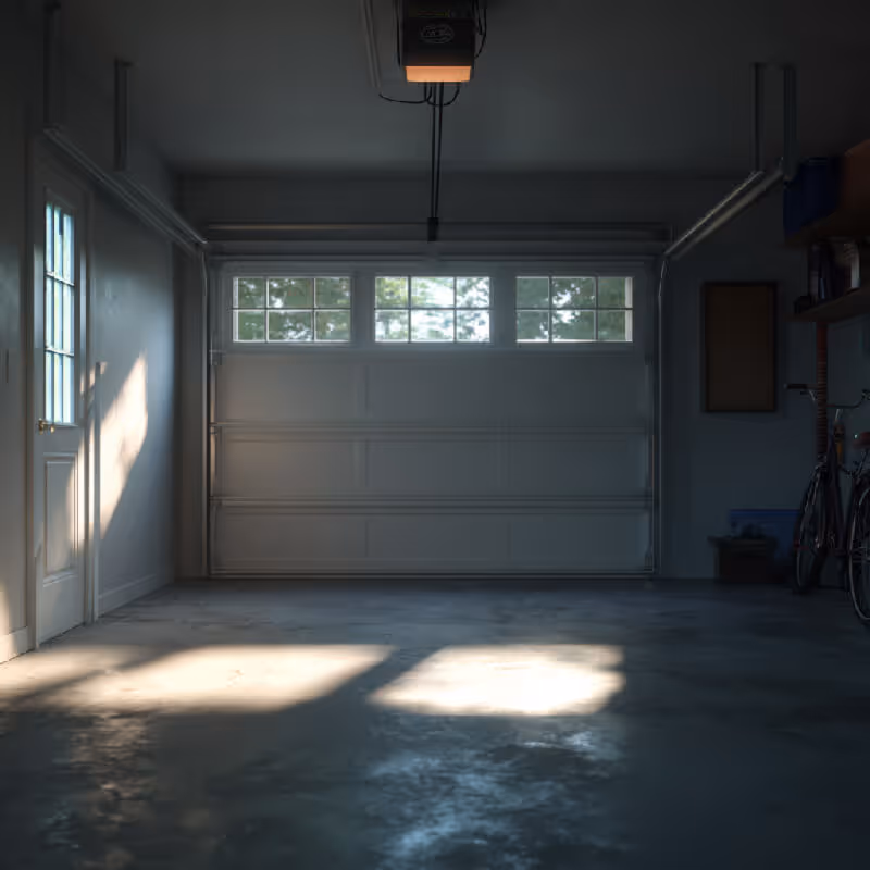 inside of a garage, with view of garage door