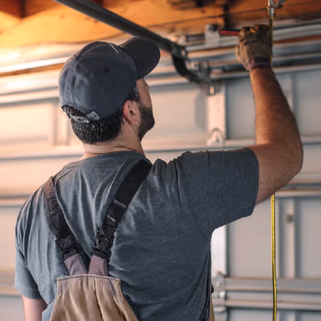 Man repairing a garage door spring