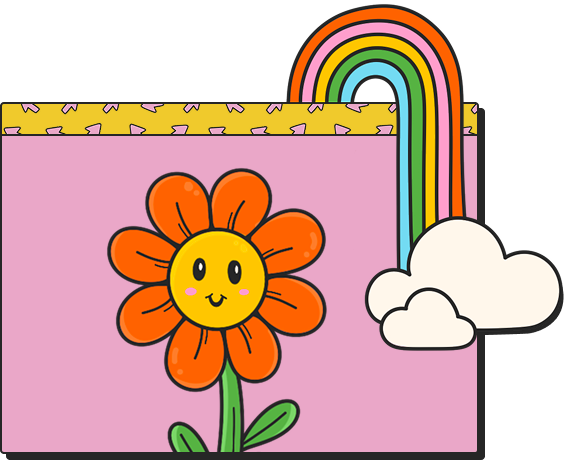 Flower drawing with pink background. Rainbow with clouds and stars over.