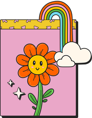 Illustration of a smiling orange flower with green stem, a rainbow emerging from clouds, and sparkles on a pink and yellow background.
