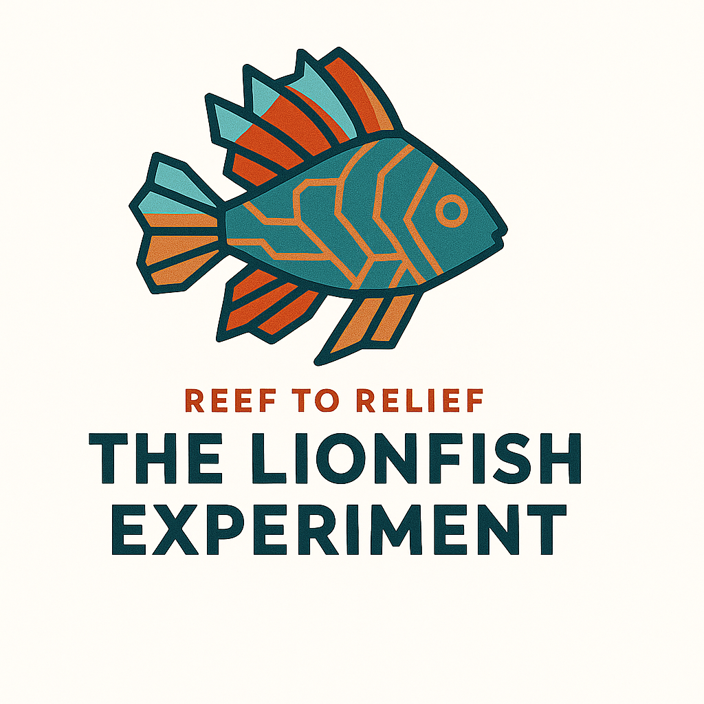 The Lionfish Experiment logo with a stylized lionfish and the words Reef to Relief.
