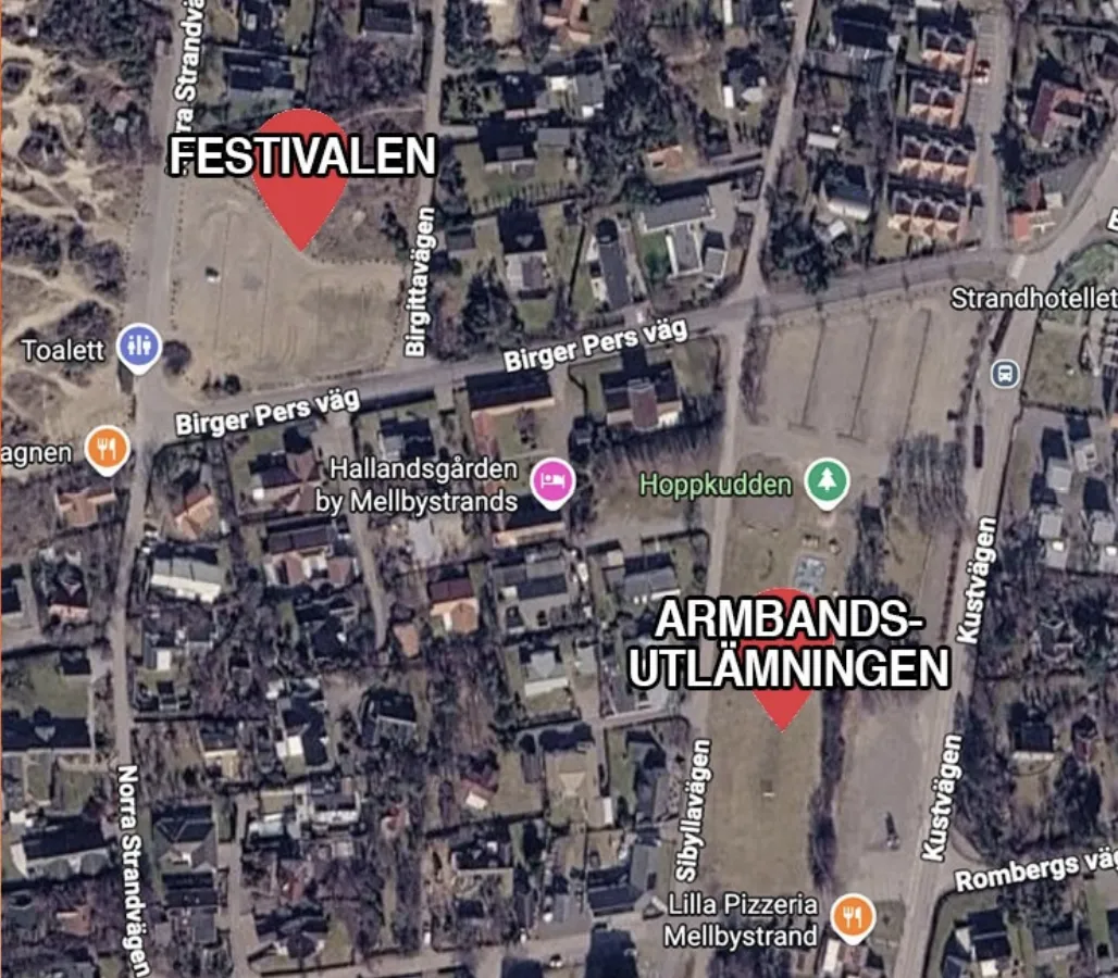 Satellitkarta med markeringar för festivalområde och armbandsutlämning i Mellbystrand.