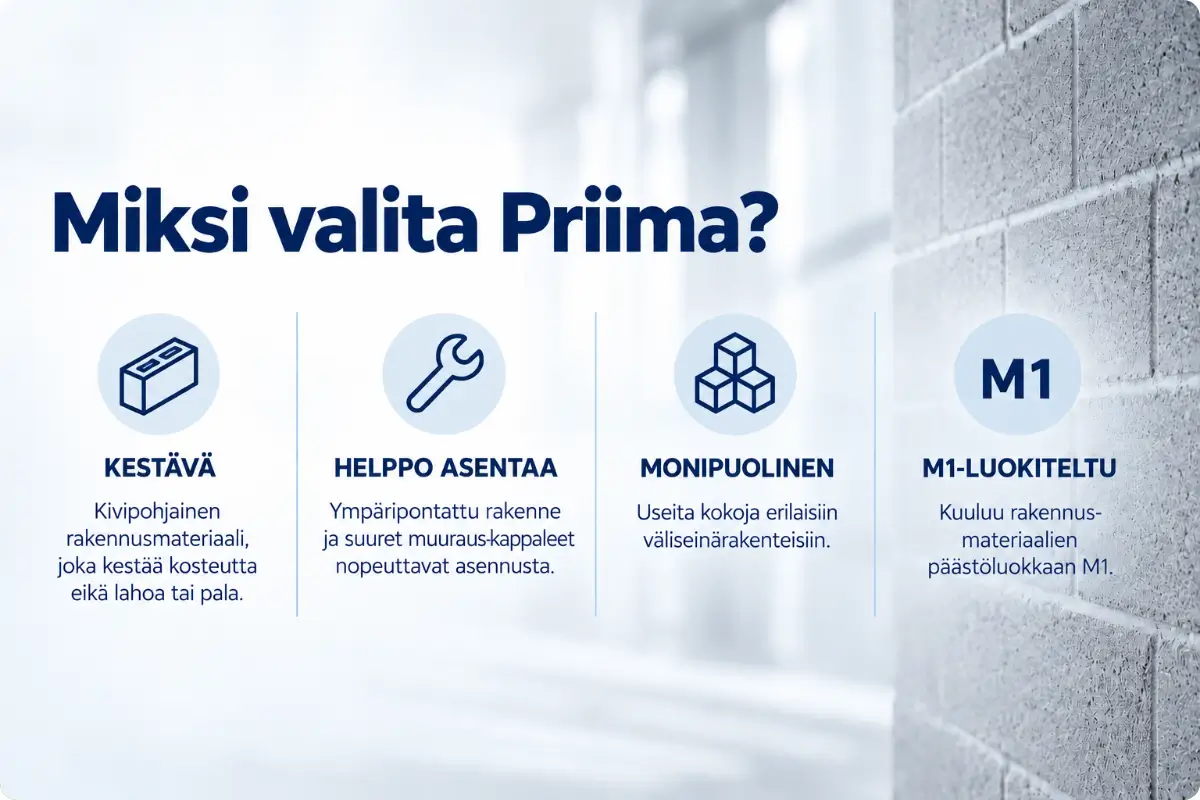 Priima-väliseinäharkkojen tärkeimmät ominaisuudet: kestävyys, helppo asennus, monipuolisuus ja M1-luokitus.