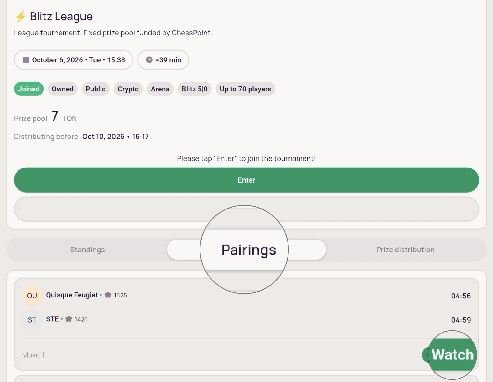 Tournament page with the Pairings tab and a Watch button on a live match