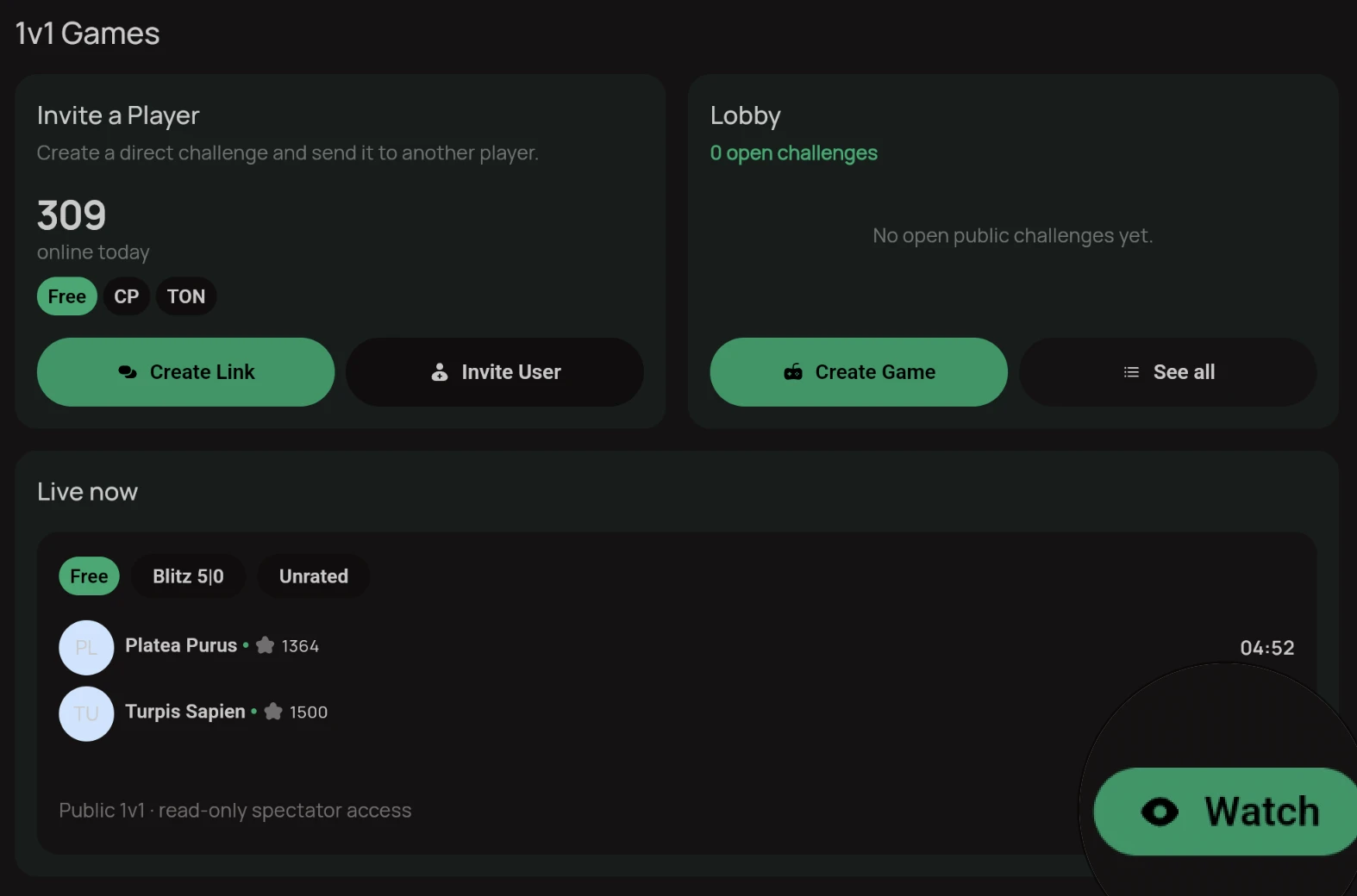 1v1 Games page: Live now section with a Watch button on an active match