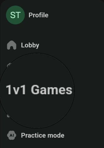 ChessPoint menu with 1v1 Games highlighted