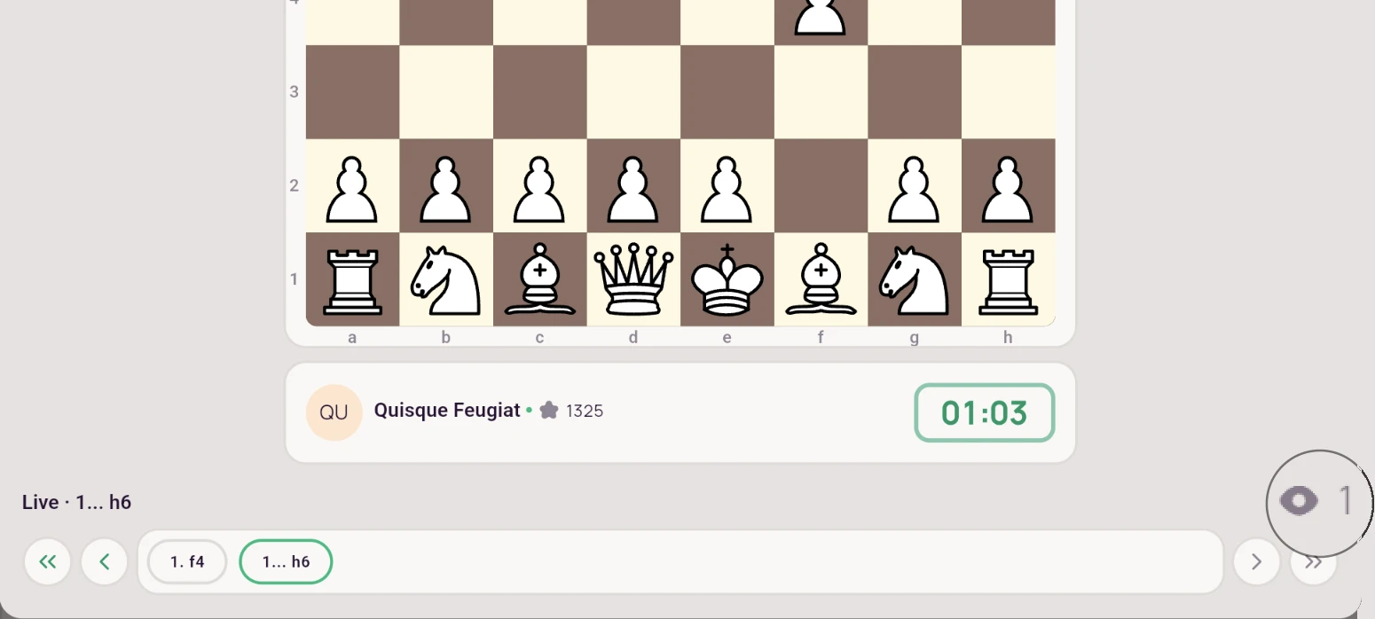 Live tournament game with move list and the viewer count in the corner