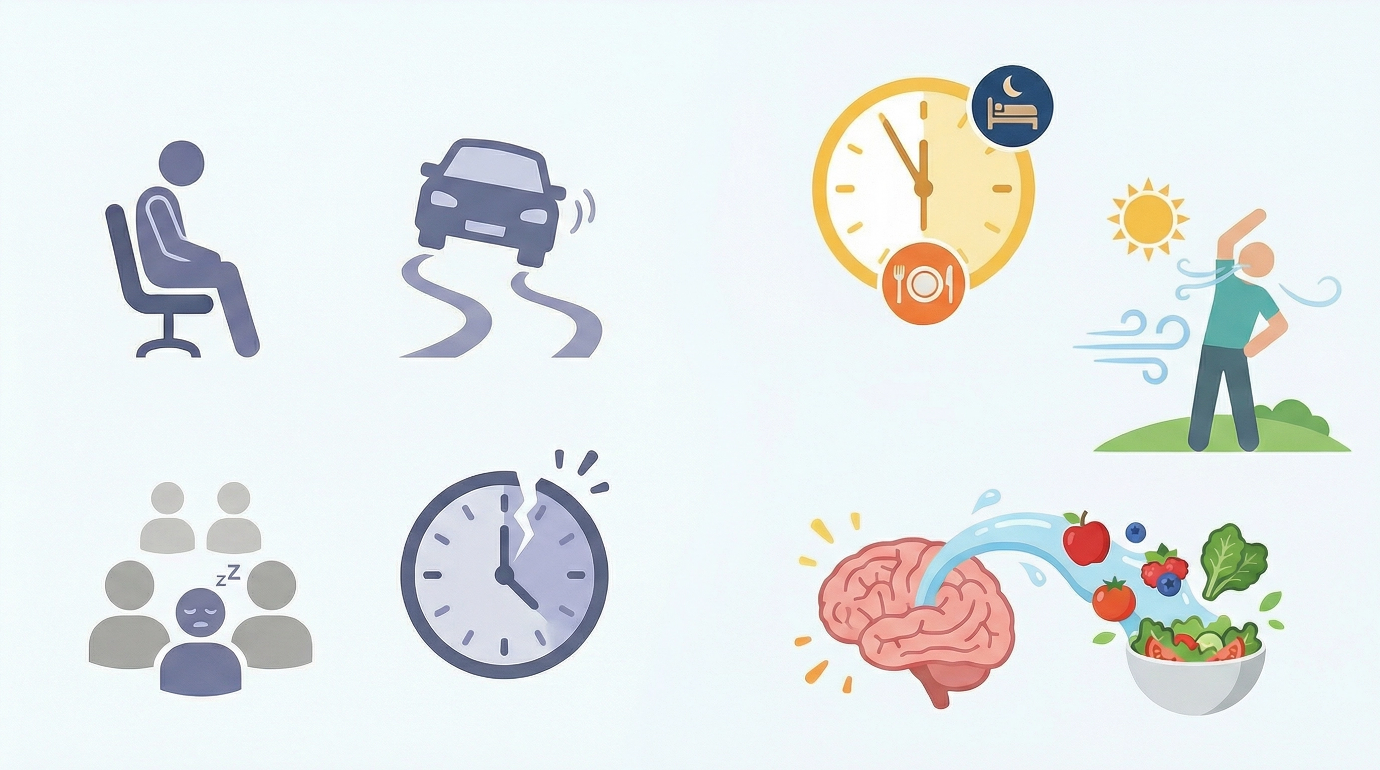 Zweiteilige Infografik zum Thema Tagesmüdigkeit. Die linke, grau-blaue Seite zeigt Gefahren wie Unkonzentriertheit und Sekundenschlaf. Die rechte, farbige Seite illustriert Präventionsmaßnahmen: Einhaltung von Schlaf- und Essenszeiten, Sport bei Sonnenlich