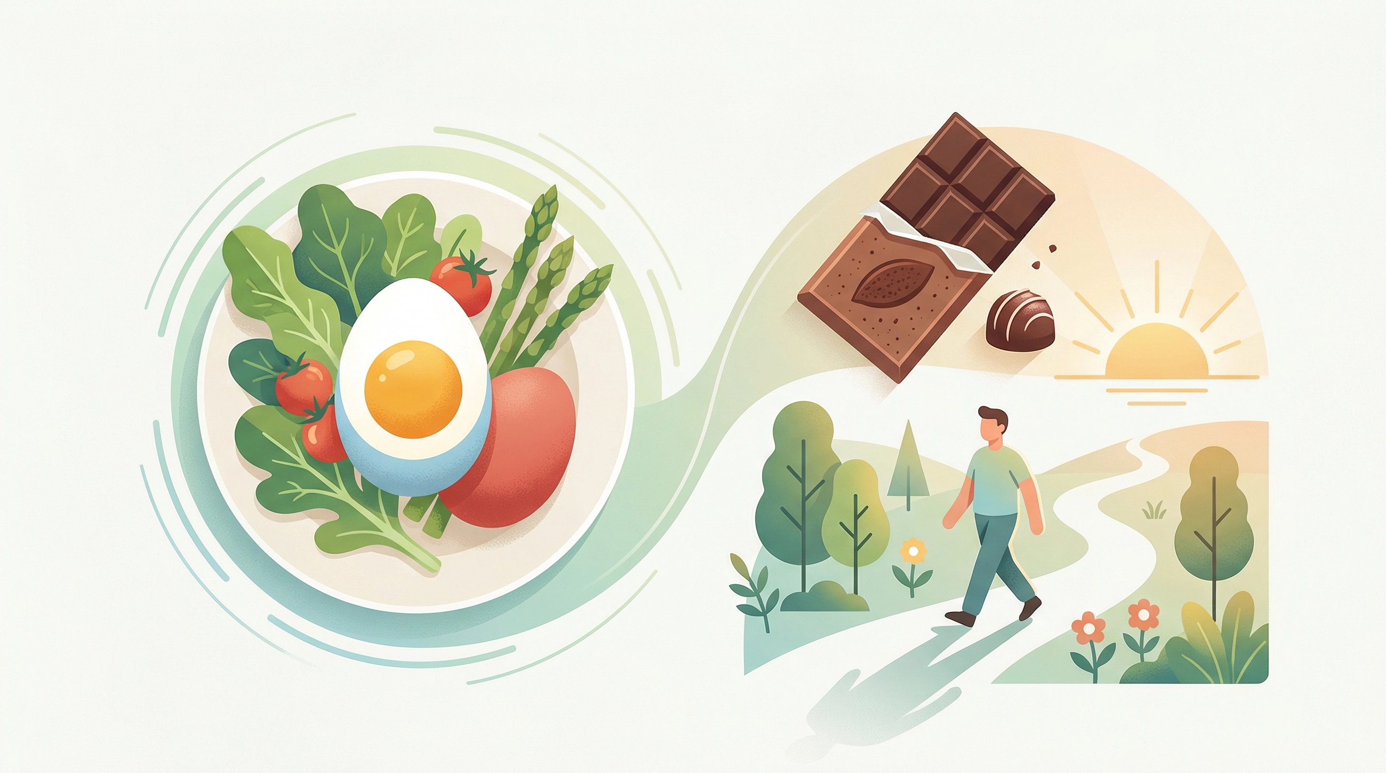Illustration für gesunde Ostern: Balance zwischen gesunder Ernährung, Genuss von Schokolade und Bewegung in der Natur.
