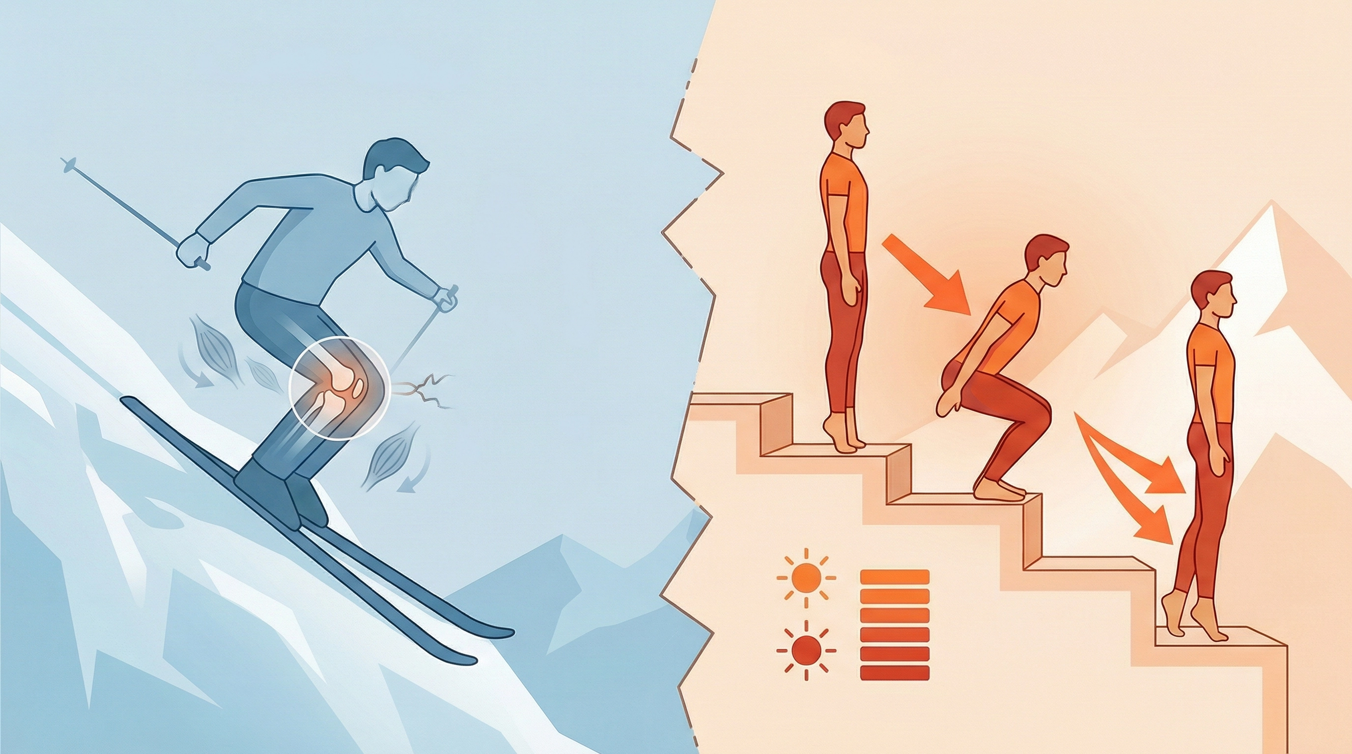 Infografik zur Kniegesundheit: Belastung der Gelenke beim Skifahren (links) im Vergleich zu vorbereitenden Kräftigungsübungen auf einer Treppe (rechts).