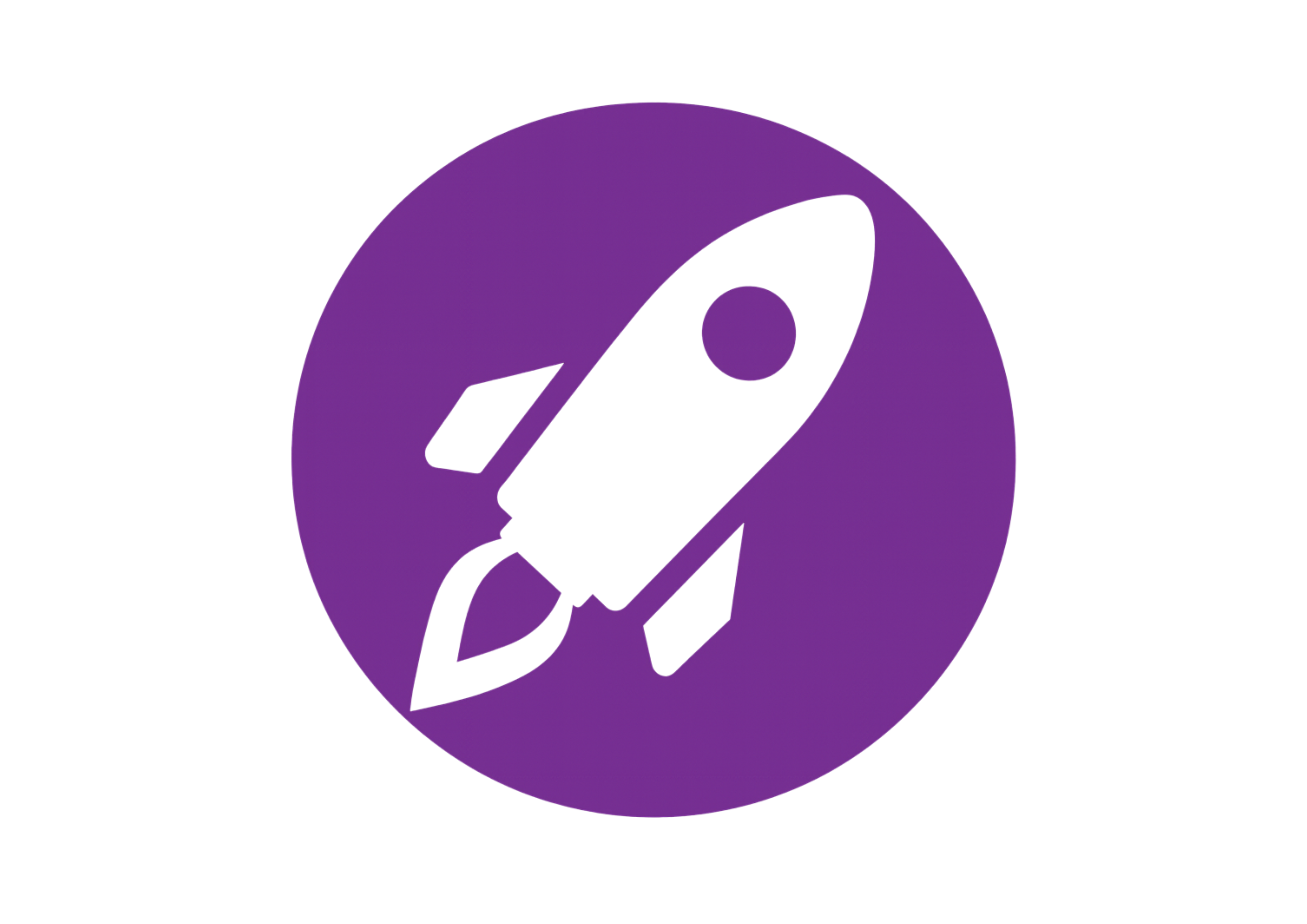 Schwarze Rakete mit Flammen in einem lila Kreis auf schwarzem Hintergrund.