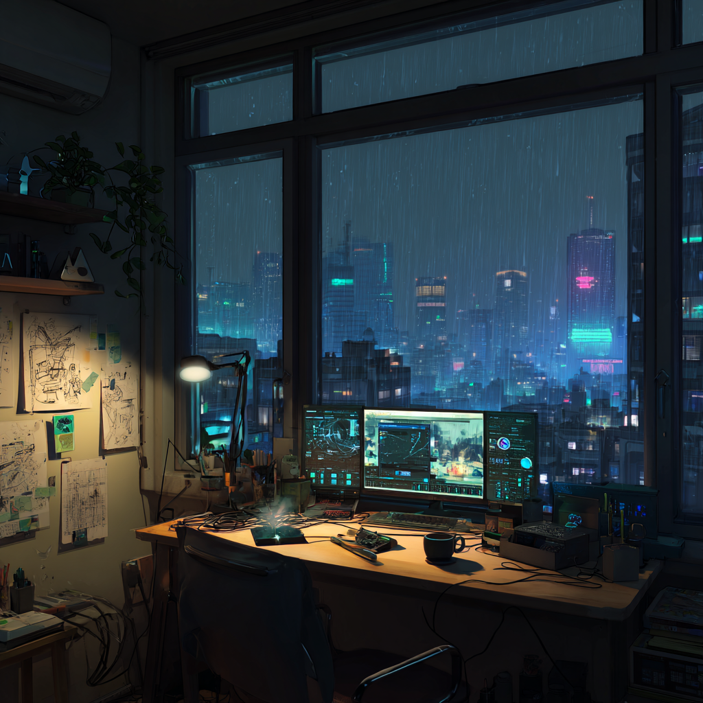 Workspace at night in the city