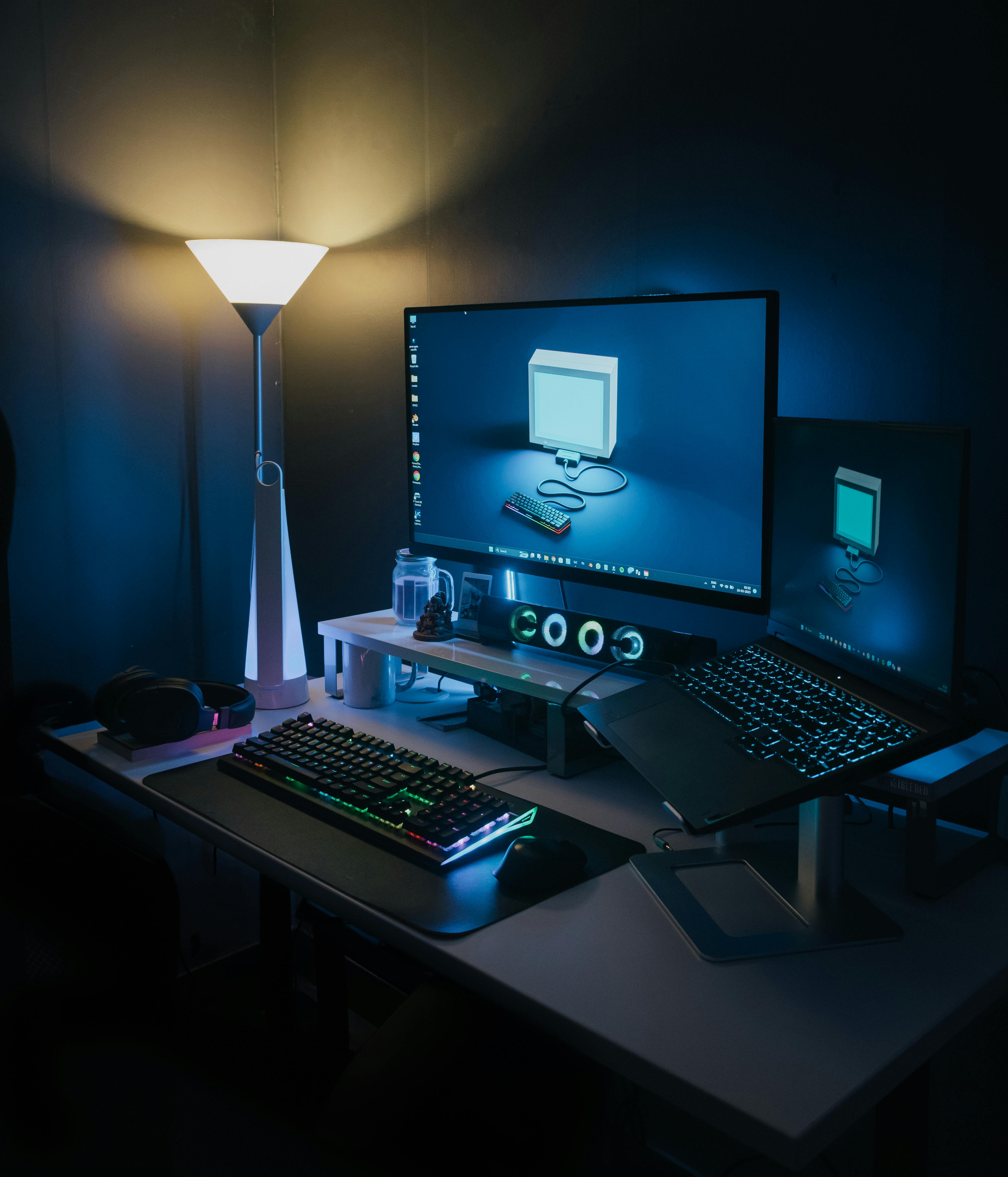 Computer at night in room