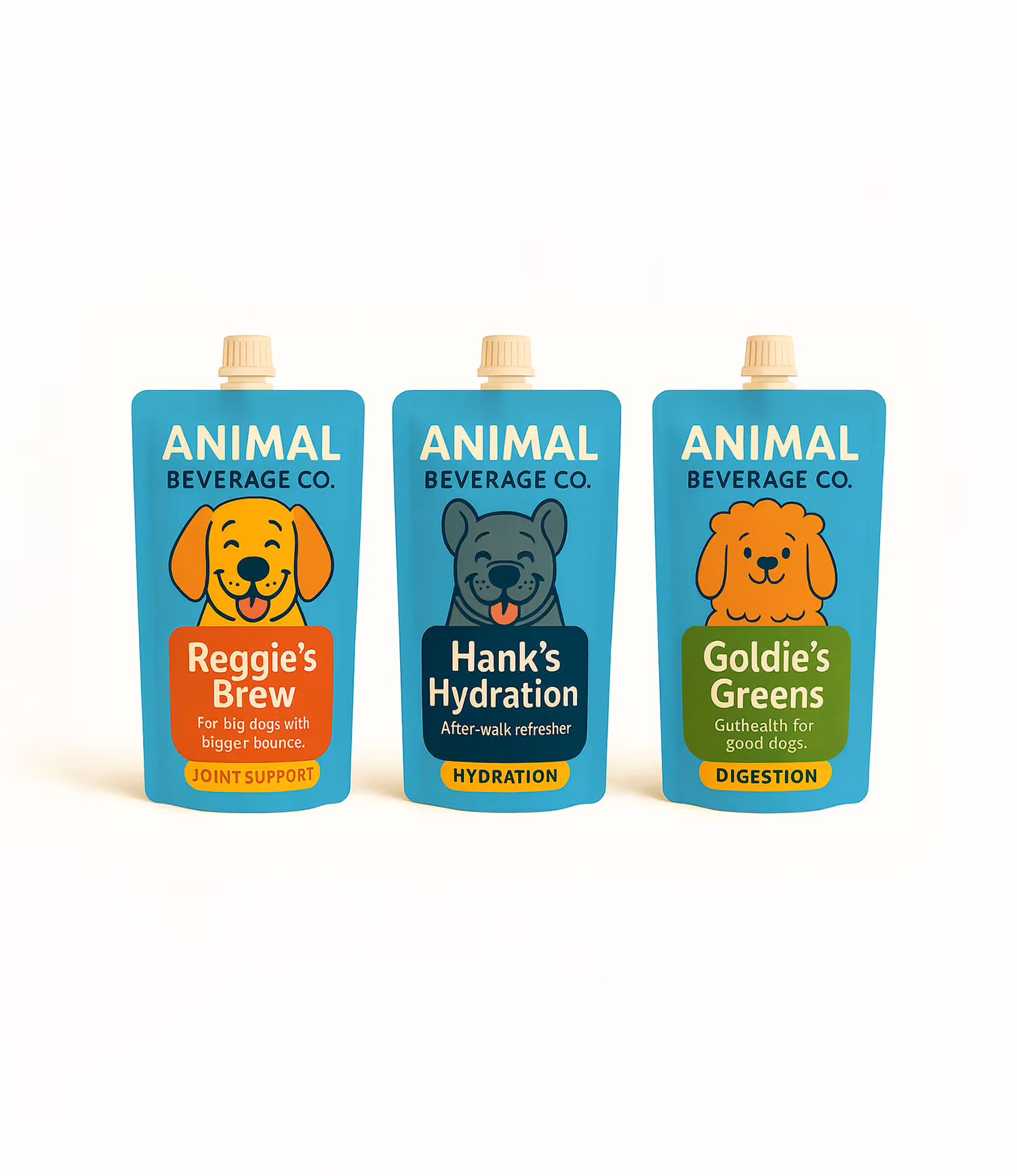 Three blue Animal Beverage Co. dog supplement pouches featuring cartoon dog faces and labeled for joint support, hydration, and digestion.