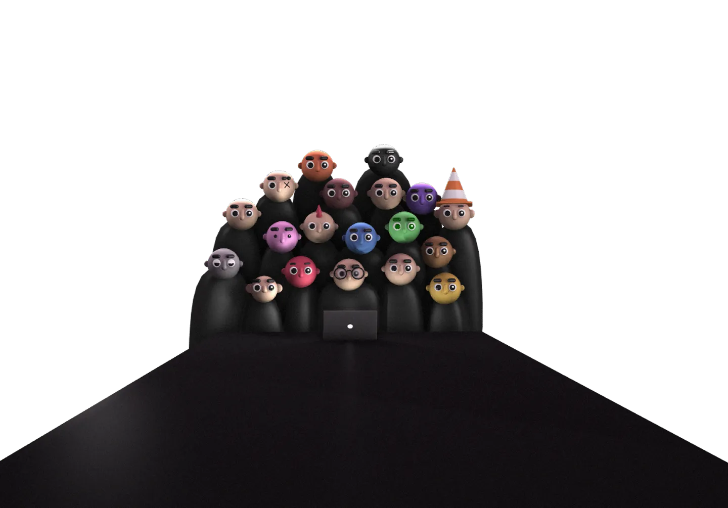 An animated picture of a group of humanlike figures bundeled in close group, wathcing at laptop screen.