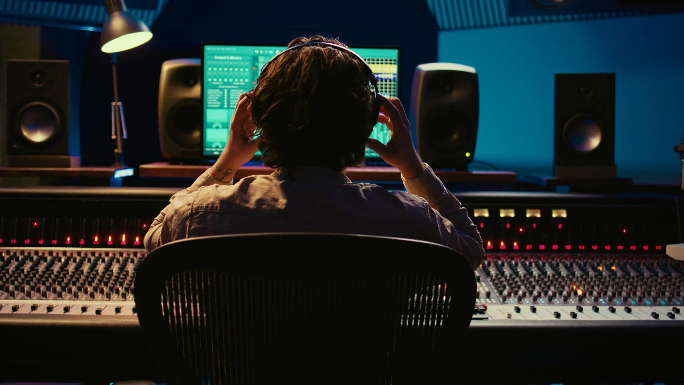 A picture of a man from the back, sitting in the records studio with headphones on.