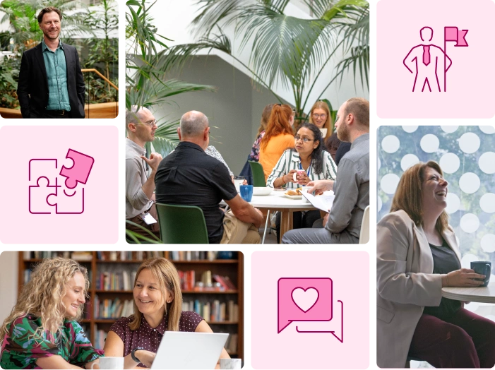 A mosaic of squares featuring people posing and smiling for the camera