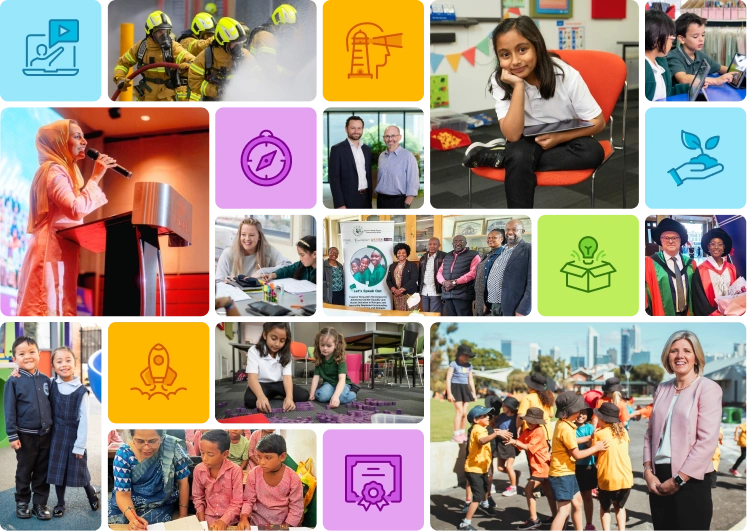 A mosaic of images featuring students smiling and first responders