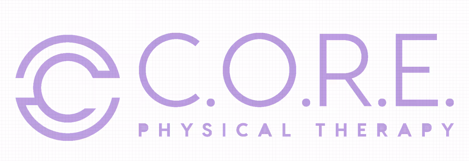 Purple C.O.R.E. Physical Therapy logo with stylized letter C on a grid background.