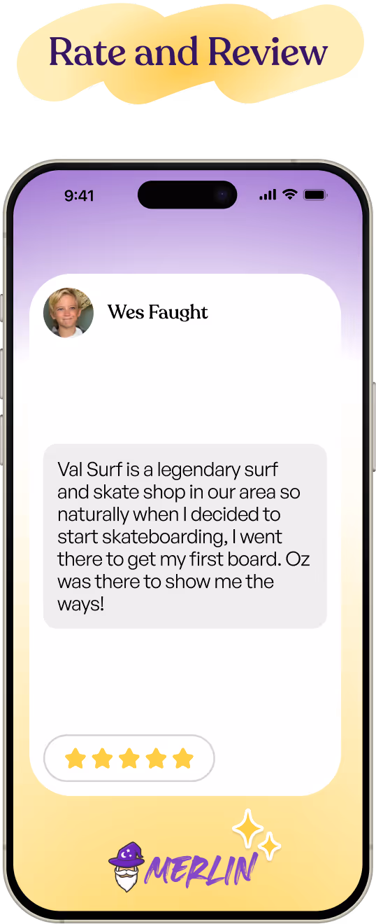 Mobile screen displaying a review from Wes Faught praising Val Surf as a legendary surf and skate shop, with a five-star rating below and the Merlin logo at the bottom.