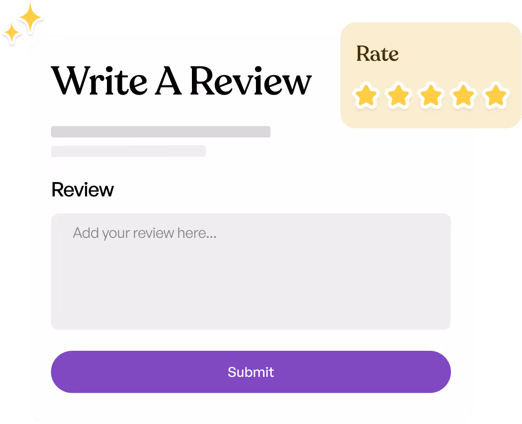 User interface for writing a review with a five-star rating, text box to add a review, and a purple submit button.